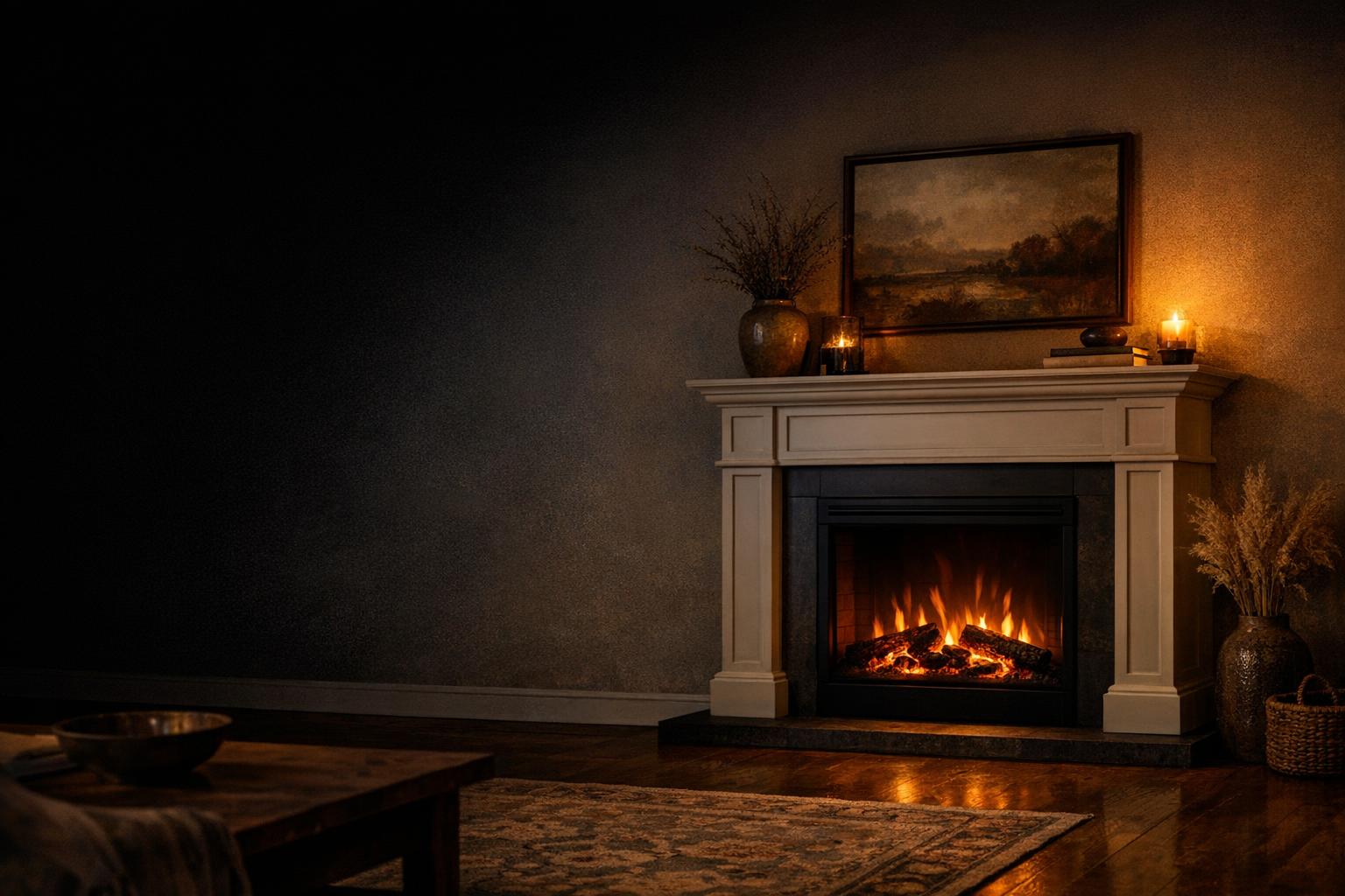 An insert needs a suitable opening or mounting location. A mantel package includes a surround. Compare the complete arrangement, not only the firebox. AI-generated editorial illustration.